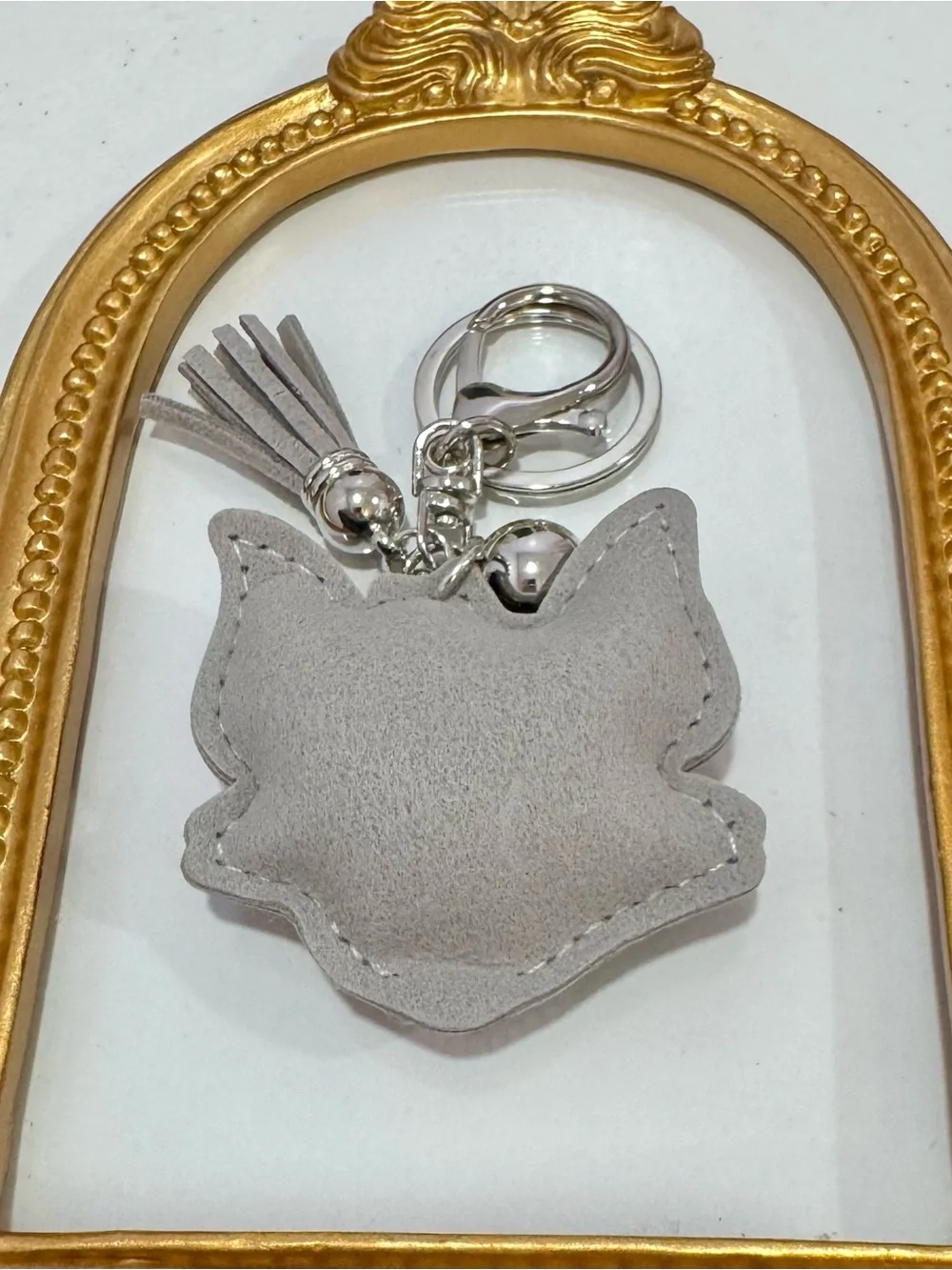 New Gray Crystal Cat Face Keychain Charm - Pink & Yellow Accent
